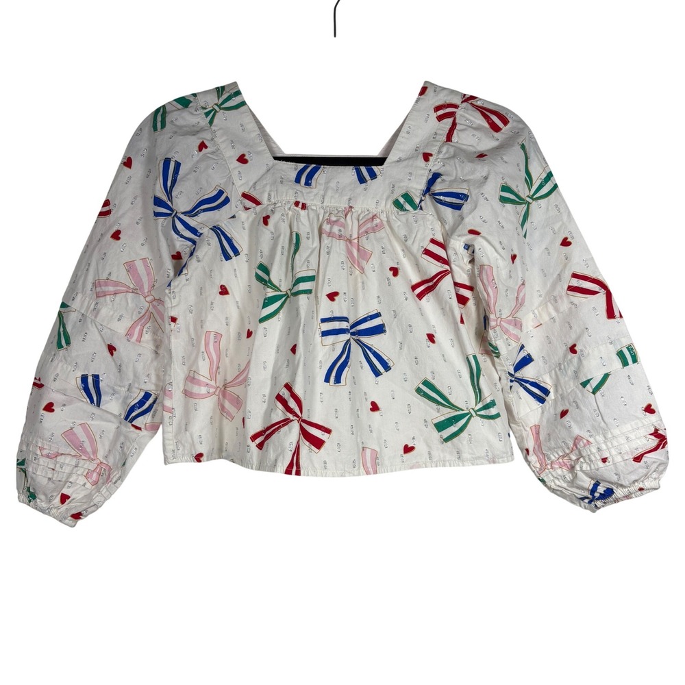 Crown & Ivy Kids Girls White Bow Heart Eyelet Balloon Sleeve Blouse Size M